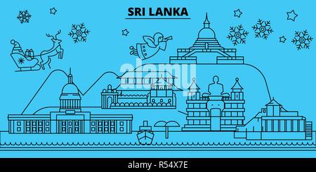 Sri Lanka Winterurlaub Skyline. Fröhliche Weihnachten, Frohes Neues Jahr eingerichteten Banner mit Santa Claus. Sri Lanka lineare Weihnachtsstadt Vektor flachbild Abbildung Stock Vektor