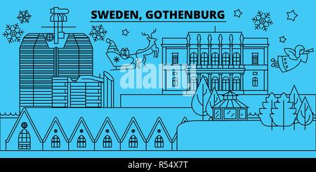 Schweden, Göteborg Winterurlaub Skyline. Fröhliche Weihnachten, Frohes Neues Jahr eingerichteten Banner mit Santa Claus. Schweden, Göteborg lineare Weihnachtsstadt Vektor flachbild Abbildung Stock Vektor