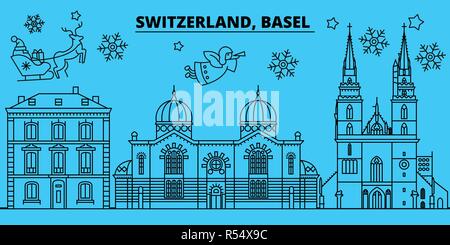 Schweiz, Basel Winterurlaub Skyline. Fröhliche Weihnachten, Frohes Neues Jahr eingerichteten Banner mit Santa Claus. Schweiz, Basel lineare Weihnachtsstadt Vektor flachbild Abbildung Stock Vektor