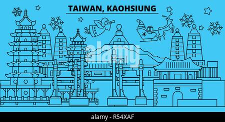 Taiwan Kaohsiung Winterurlaub Skyline. Fröhliche Weihnachten, Frohes Neues Jahr eingerichteten Banner mit Santa Claus. Flach, umriss Vektor. Taiwan Kaohsiung lineare Weihnachten Stadt Abbildung Stock Vektor