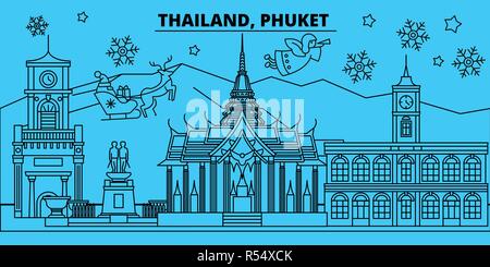 Thailand, Phuket Winterurlaub Skyline. Fröhliche Weihnachten, Frohes Neues Jahr eingerichteten Banner mit Santa Claus. Thailand, Phuket lineare Weihnachtsstadt Vektor flachbild Abbildung Stock Vektor