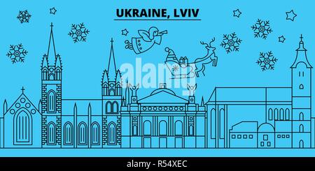 Ukraine, Lviv Winterurlaub Skyline. Fröhliche Weihnachten, Frohes Neues Jahr eingerichteten Banner mit Weihnachtsmann. die Ukraine, Lviv lineare Weihnachtsstadt Vektor flachbild Abbildung Stock Vektor