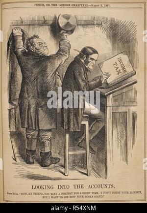 Der Blick in die Konten. John Bull. "Nun, mein Freund, nehmen Sie einen Urlaub für eine kurze Zeit. Ich habe deine Ehrlichkeit nicht Zweifel, aber ich möchte sehen, wie ihre Bücher stehen". Abbildung in 'Lochen', 1861. Punch, oder das London Charivari. London, 2. März 1861. Eine politische Karikatur, in Schwarz und Weiß gezeichnet. Quelle: S. S. 5270. Ah, Seite 91. Stockfoto