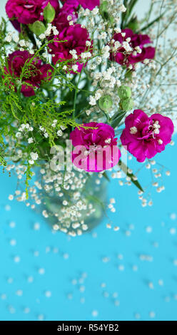 Weiß wenig Blumen und pinkfarbene Blüten auf blauem Hintergrund. Stockfoto