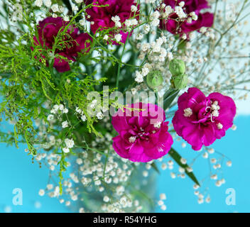 Weiß wenig Blumen und pinkfarbene Blüten auf blauem Hintergrund. Stockfoto