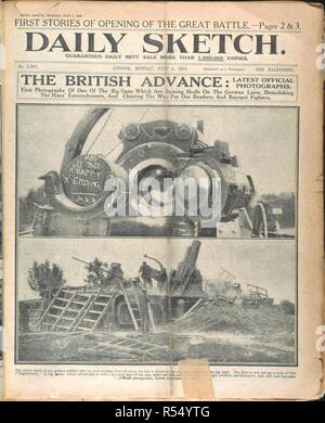 "Die britische voraus". Fotos der Britische Artillerie, die "Big Guns". Tägliche Skizze. London, 1916. Quelle: Skizze, 3. Juli 1916, Vorderseite. Stockfoto