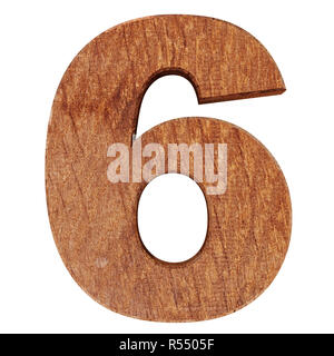 Dekorative Holz- alphabet Ziffer 6 Symbol - 6. 3D Rendering Illustration. Auf weissem Hintergrund Stockfoto