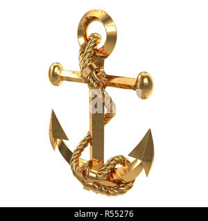 Golden Sea Anchor auf einem weißen Hintergrund. 3D-Darstellung Stockfoto