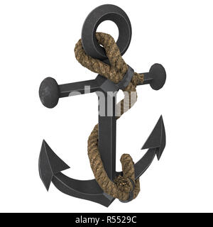Alte Anker mit Seil an einem isolierten weißen Hintergrund. 3D-Darstellung Stockfoto