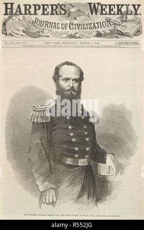 Generalmajor Ulysses S. Grant, USA - der Held von Fort Donelson. Harper's Weekly. New York, 8. März 1862. Amerikanischer Bürgerkrieg. Quelle: Harper's Weekly Band VI, Nr. 271. Sprache: Englisch. Stockfoto