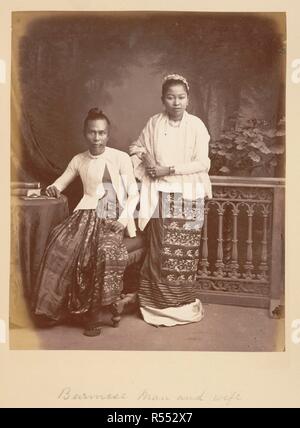 [Porträt eines] burmesischen Mann und Frau. Foto eines burmesischen Mann und Frau in Birma (Myanmar) in den 1880er Jahren. In diesem stellte Studio Portrait, sie tragen traditionelle burmesische Kleid, einschließlich der Wickelrock als hta bekannt - mein von Frauen getragen und ein voluminöser Version für Männer bekannt als pahso. 1880. Quelle: Foto 94/2 (20). Sprache: Englisch. Autor: Klier, Philip Adolphe. Stockfoto