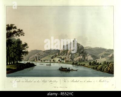 Boote auf dem Rhein im Vordergrund, mit Blick auf das Dorf von Alken und Marksburg im Hintergrund. Ansicht von Alken mit dem Schlosse Marksburg=Vue de Alken avec Le Château de Marksbourg. Wien: bey Artaria Comp., [1798] handkolorierte Radierung. Quelle: Karten 6.Tab.12, Platte 23. Sprache: Deutsch und Französisch. Autor: Ziegler, J. Stockfoto