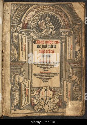Neue Testament Titel Seite. Dat oude Ende dat nieuvve Testament. [Mit Holzschnitten.]. Antwerpen. 1526 niederländische Bibel. Quelle: C.110. g 4 Titelseite. Sprache: Holländisch. Stockfoto