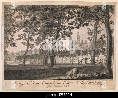 Ein Pferd, das Trinken aus dem Fluss Cam im Vordergrund; Bäume in der Mitte; King's College Chapel in der Mitte. King's College Chapel und Clare Hall aus Esrasmus's Walk. Vor 1774. Feder und Tinte schwarz mit monochromen waschen. Quelle: Karten K. Top. 8.58. k. Sprache: Englisch. Stockfoto