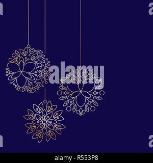 Minimalismus golden linear floral Christmas Ball Spielzeug auf dunkelblauem Hintergrund Stock Vektor