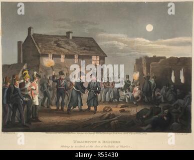 Wellington & BlÃ¼cher. Historischen, militärischen und Naval Anekdoten... par E. Orme: London, 1819. Wellington & BlÃ¼cher Sitzung durch Unfall am Ende der Schlacht von Waterloo. Die letzte große Schlacht der napoleonischen Kriege. Bild aus historischen, militärischen und Naval Anekdoten von Incidents, die an den Armeen von Großbritannien und ihre Verbündeten in den letzten... Krieg usw. Ursprünglich veröffentlichte/in E. Orme: London, 1819 produziert aufgetreten. . Quelle: 9080. m. 3, gegenüber 42. Sprache: Englisch. Autor: ORME, Edward. Atkinson, J. A. Dubourg, M. Stockfoto