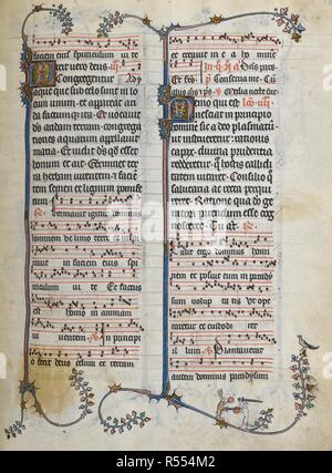 Bas de Seite Szene, ein Hund und ein Hase Kampf mit Schwertern und Schilden. Brevier, Verwendung von Verdun, Winter Teil ("Das brevier von Renaud de Bar' oder 'Das brevier von Marguerite de Bar"). Frankreich (Metz); zwischen 1302 und 1303. Quelle: Yates Thompson 8, w.181. Sprache: Latein. Stockfoto