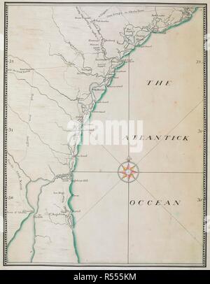 Eine Karte der Küste von South Carolina und Georgia, von Charlestown zu St. Augustine. Küste von South Carolina, Georgia und Florida von Charleston zu St. Augustine. [Ort der Produktion nicht identifiziert]: [Produzenten nicht identifiziert], [ca. 1770]. Manuskript und Feder und Tusche mit Aquarell. Quelle: Karten K. Top. 122.66. Sprache: Englisch. Stockfoto