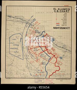 Ein Diagramm mit dem Titel El Alamein C.B. zeigen die Positionen der Britischen Armee und ein Bereich, der als "drei Italo Deutsche gepanzerte gps.'. El Alamein C.B., Nacht 23./24. Okt. [1942], MDR Misc2245. [Cairo]: [Umfrage Direktion, Naher Osten], 1943. Produziert von: Großbritannien. Armee. Royal Engineers. Palästinensischen Gebiet übersicht Firma, 524 Th. Karten:col.; Maßstab 1:100 000. Quelle: Maps MOD MDR Misc2245. Stockfoto