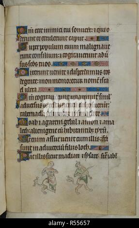 Bas-de-Seite Szene von zwei Grotesken, einer Wiedergabe einer Psalter und anderen Spielen ein rebec. Psalter (die "Queen Mary Psalter"). England (London/Westminster oder East Anglia?); zwischen 1310 und 1320. Quelle: Royal 2 B VII, w.193. Sprache: Latein, mit französischen Bildunterschriften. Stockfoto