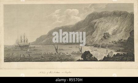 Blick auf Karakakooa in Owhyhee. Von John Webber gezeichnet und von W. Byrne eingraviert. Zeigt die Auflösung und Entdeckung vor Anker in Kealakekua Bay, Hawaii, mit hawaiischen Kanus im Vordergrund. Eine Sammlung von Zeichnungen von A. Buchan, S. Parkinson, und J. F. Miller, in den Ländern, besucht von Captain James Cook auf seiner ersten Reise [1768-1771], auch der Drucke in John's Hawksworth Voyages von Biron [Byron], Wallis, und Kochen [1773] veröffentlicht, sowie in der zweiten und dritten Cook Voyages [1772-1775, 1776-1780]. 1768-1780. Dritte Kapitän Cook's Voyage. Quelle: Hinzufügen. 23921 f 69. Stockfoto