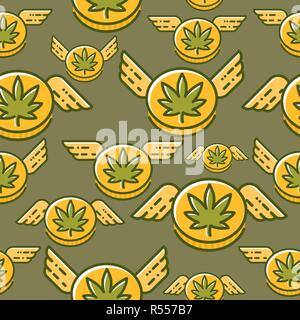 Cannabis Münze mit Flügeln nahtlose Vektor Muster Stock Vektor