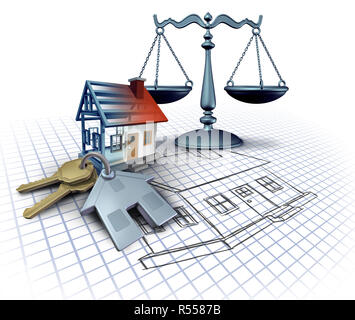 Home Bau- und gesetzlichen Bauvorschriften als Immobilien Rechtsvorschriften mit blue print Pläne mit Hausschlüssel. Stockfoto