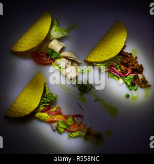 Drei verschiedene Tacos mit Rindfleisch, Huhn und Lachs. Blick von oben. Mit kopieren. Stockfoto