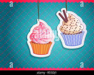 Köstliche Kuchen Aufkleber auf farbigen Hintergrund Stock Vektor