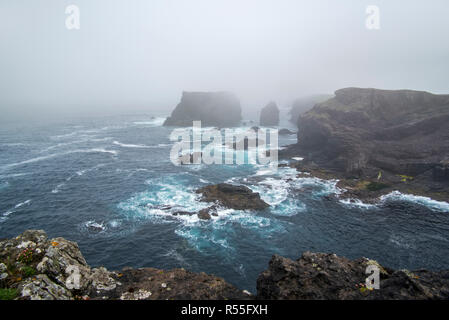 Sea Stacks und Klippen im Nebel bei stürmischem Wetter bei Eshaness/Esha Ness, Halbinsel in Northmavine, Festland, Shetlandinseln, Schottland, Großbritannien Stockfoto