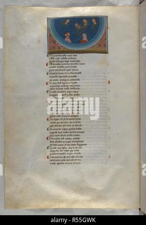 Paradiso: Dante und Beatrice look up bei Peter und drei andere Heilige im neunten Himmel, Primum Mobile. Dante Alighieri Divina Commedia (Die Göttliche Komödie), mit einem Kommentar in Lateinamerika. 1. Hälfte des 14. Jahrhunderts. Quelle: Egerton 943, f 174 v. Sprache: Italienisch, Latein. Stockfoto