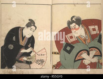 Ichikawa Danjuro VI. Yakusha Konote Kashiwa [Schauspieler unter den Garten Oa. Edo, 1803. Das Kabuki Schauspieler Ichikawa Danjuro VI und in Tracht. Bild von Yakusha Konote Kashiwa [Schauspieler unter den Garten Eichen] genommen. Ursprünglich veröffentlichte/in Edo, 1803 produziert. . Quelle: 16104.a.39, Platten 1 und 2. Sprache: Japanisch. Autor: Utagawa Toyokuni,. Stockfoto