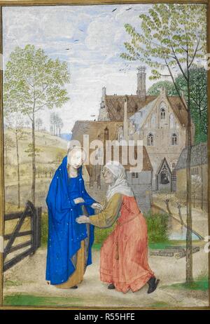 Laudes. Die Visitation. Maria und Elisabeth im Garten eines Landhauses. Buch der Stunden, Gebrauch von Rom (Die "Huth Stunden"). S. Niederlande [Brügge], Frankreich Valenciennes [wahrscheinlich]; 1485-1490. Quelle: Hinzufügen. 38126, w.66 v. Sprache: Latein mit Ergänzungen in Latein, Französisch und Italienisch. Stockfoto