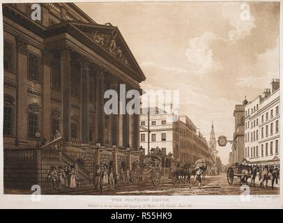 Ein Blick von außen das Mansion House auf der Suche nach Westen entlang Cheapside; des Herrn Bürgermeister Trainer in der Nähe; Figuren, Pferde und Karren auf der Straße. Das Mansion House. [London]: veröffentlichen würde, da die Handlung leitet Feby 27, 1783 von T. Malton Nr. 8 Carlisle Street, Soho., [27 Februar 1783]. Aquatinta und Ätzen. Quelle: Karten K. Top. 24.14. h. Sprache: Englisch. Autor: MALTON, Thomas. Stockfoto