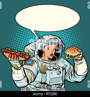 Pop Art Frau Astronaut isst. Cola, Hot Dog und Burger schnell foo Stock Vektor