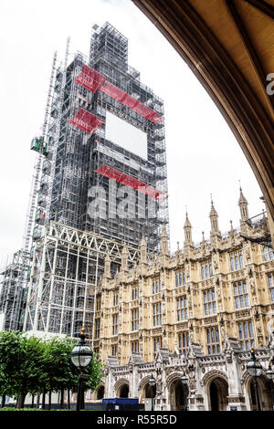 London England, Großbritannien, Palace of Westminster, Parlament, Außenansicht, Big Ben Turm, Gerüste, Restaurierung Erhaltung, Bauarbeiten, Großbritannien GB Englisch Europa, Stockfoto