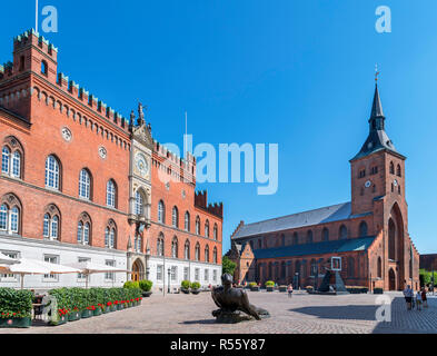 Stadt Halle (rådhus) und St Knut's Kathedrale (Sankt Knuds Kirke) vom Flakhaven, Odense, Dänemark Stockfoto