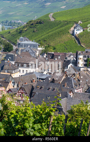 Bernkastel, Deutschland. Blick auf die Stadt aus dem Weg zu der Burg Landshut. Weinberge im Vordergrund und in der Ferne. Stockfoto