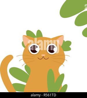 Katze hinter Gras. Flauschige brütende Yellow-eyed Katze auf einen weißen Hintergrund mit Symbol Stock Vektor