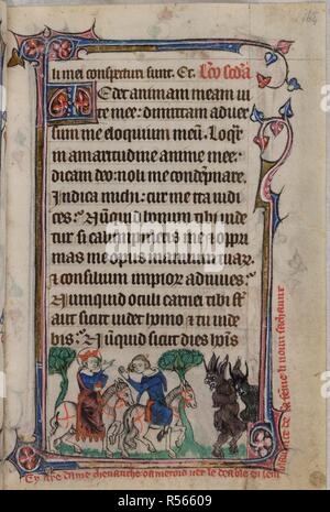 Bas-de-Seite Szene von amoras und der Jungfrau Maria Reiter, während zwei Teufel fliehen, mit Bildunterschrift lesen, â € "Cy n [Ost] Re Dame chevauche o amerois Vers le semblaunce deable en de sa Fe [m] mich Substantiv li sachauntâ €™. Buch der Stunden, Verwendung von Sarum (die "taymouth Stunden"). England, S.E.? (London?); 2. Quartal des 14. Jahrhunderts. Quelle: Yates Thompson 13, w.164. Sprache: Latein und Französisch. Stockfoto
