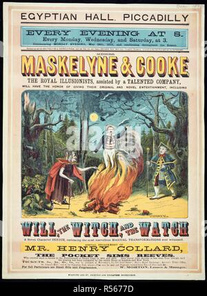 Maskelyne & Cooke's Entertainment. Eine Sammlung von Broschüren, Handzettel, und miscella. Nottingham, 1873. Ägyptische Halle, Piccadilly. Herren Maskelyne & Cooke die Königliche Illusionisten, unterstützt von einem talentierten Firma, hat die Ehre [sic] von Ihrem ursprünglichen und Roman Unterhaltung, einschließlich, die Hexe, und die sehen Sie ein aus sieben Buchstaben Skizze geben, die herrlichste magische Transformationen überhaupt. Mit einem zentralen Abbildung eines der Transformation Szenen aus, die Hexe, und die Uhr. 48 cm. Bild aus einer Sammlung von Broschüren, Handzettel, misce Stockfoto