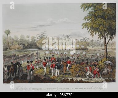 "Der Angriff auf die einfriedungen in der Nähe von Rangun von Sir Archibald Campbell KCB am 28. Mai 1824.". 18 Views an & in der Nähe von Rangun... Von Joseph Moore. (Graviert von T.Fielding, G. Hunt, H. Pyall). London: Kingsbury & Co., 1825. Quelle: Maps.15.e 26, Platte 6. Autor: Moore, Joseph. Moore, George. Stockfoto