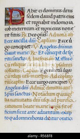 Text Seite mit ersten'. Mirandola Stunden. Italien, ca. 1490-1499. [Ganze folio] Text Seite von den Stunden der Jungfrau; erste 'D' gebildet von Niederlassungen mit einem malerischen Hintergrund Bild von Mirandola Stunden genommen. Ursprünglich veröffentlicht in Italien produziert, ca. 1490-1499. Quelle: Hinzufügen. 50002, f 59. Sprache: Latein. Stockfoto