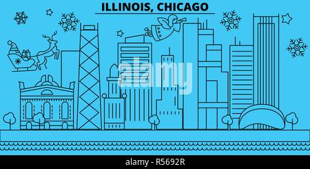 United States, Chicago Winterurlaub Skyline. Fröhliche Weihnachten, Frohes Neues Jahr eingerichteten Banner mit Santa Claus. Usa, Chicago lineare Weihnachtsstadt Vektor flachbild Abbildung Stock Vektor