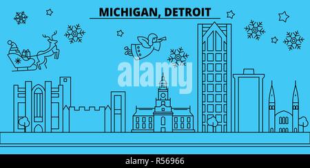 Usa, Detroit Winterurlaub Skyline. Fröhliche Weihnachten, Frohes Neues Jahr eingerichteten Banner mit Santa Claus. Usa, Detroit lineare Weihnachtsstadt Vektor flachbild Abbildung Stock Vektor