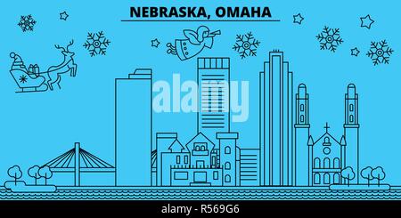 United States, Omaha Winterurlaub Skyline. Fröhliche Weihnachten, Frohes Neues Jahr eingerichteten Banner mit Santa Claus. Vereinigte Staaten, Omaha lineare Weihnachtsstadt Vektor flachbild Abbildung Stock Vektor