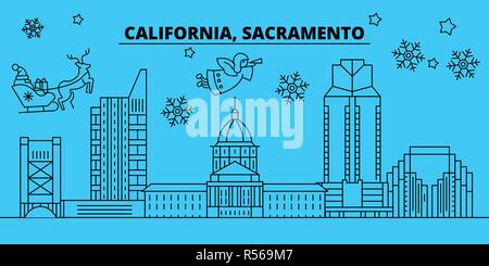 Usa, Sacramento Winterurlaub Skyline. Fröhliche Weihnachten, Frohes Neues Jahr eingerichteten Banner mit Santa Claus. Usa, Sacramento lineare Weihnachtsstadt Vektor flachbild Abbildung Stock Vektor