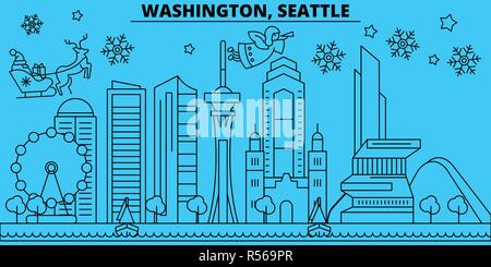 Usa, Seattle Winterurlaub Skyline. Fröhliche Weihnachten, Frohes Neues Jahr eingerichteten Banner mit Santa Claus. Usa, Seattle lineare Weihnachtsstadt Vektor flachbild Abbildung Stock Vektor