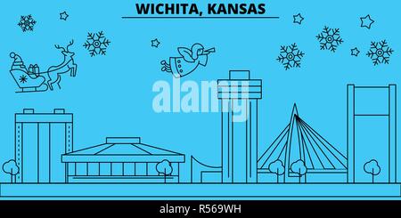 United States, Wichita Winterurlaub Skyline. Fröhliche Weihnachten, Frohes Neues Jahr eingerichteten Banner mit Santa Claus. Vereinigte Staaten, Wichita lineare Weihnachtsstadt Vektor flachbild Abbildung Stock Vektor