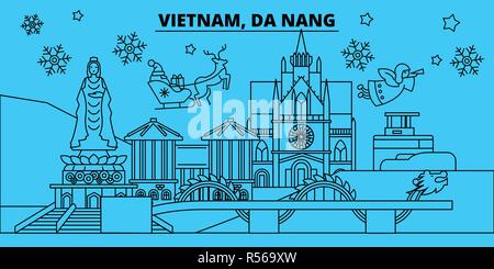 Vietnam Da Nang Winterurlaub Skyline. Fröhliche Weihnachten, Frohes Neues Jahr eingerichteten Banner mit Santa Claus. Vietnam Da Nang lineare Weihnachtsstadt Vektor flachbild Abbildung Stock Vektor